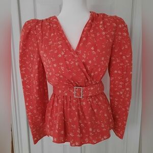 Red Boho Cottagecore Puffed Sleeve Floral Blouse With Rhinestone Buckle Size XS